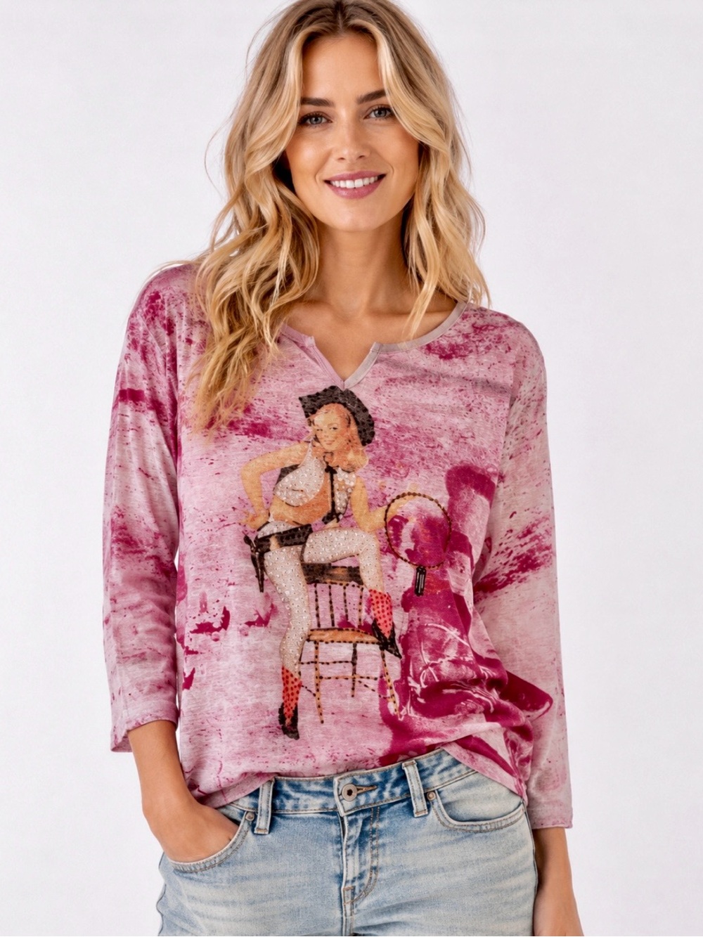 Pink Playful Graphic Long Sleeve Cotton Top